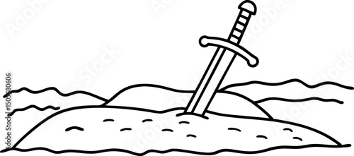 Sword in the stone illustration, medieval legend concept excalibur embedded, mythical weapon art