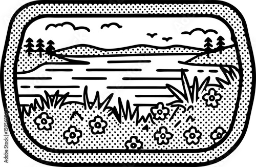 Lakeside scenery with mountains and flowers in a sunny landscape