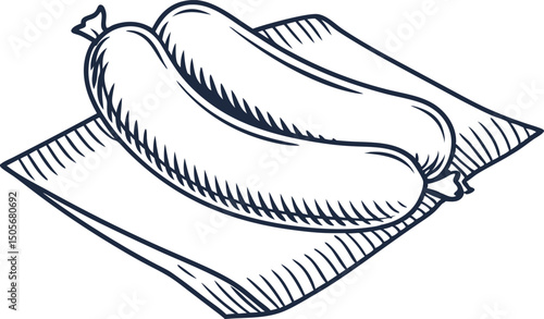 Sketch of two sausages on a napkin hand drawn food illustration, simple black and white art