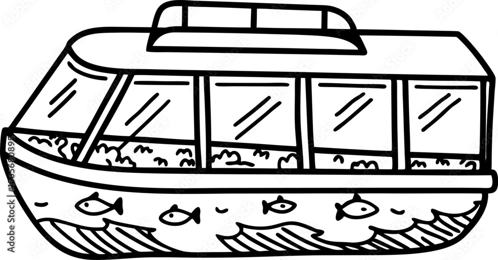 Glass bottom boat exploration with fish view under the sea Glass bottom boat exploration with fish view under the sea