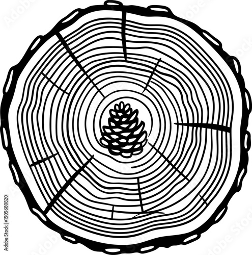 tree ring with pine cone illustration, showing growth, life cycles, nature, time lapse, natural patterns