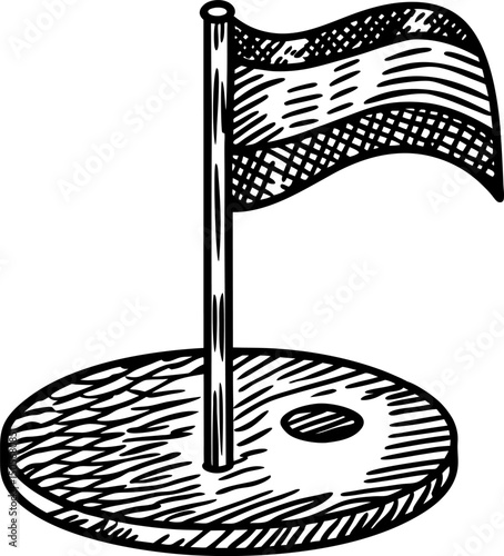 Hand drawn miniature golf putting, flag, hole illustration simple outline, sketchy style, outdoor sports