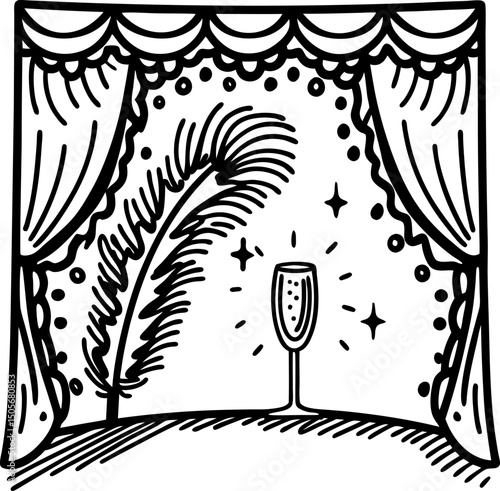 Elegant theater stage with curtain, feather, and champagne glass celebration and performance art concept