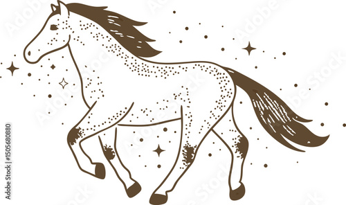 elegant horse illustration vintage style, galloping horse with flowing mane and stars