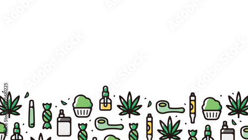 Background and banner decorated with cannabis goods icons.Horizontal placeholder frame version.