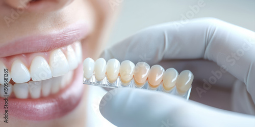 A dental shade guide is used to match the patient's bright, whitened teeth. The dentist carefully aligns the guide, ensuring a perfect color match for the dental implant.