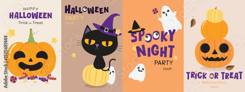 Happy halloween postcard set. Spooky night or Trick or treat party, autumn holiday invitation decorate with cute cartoon character pumpkin ghost cat and candy illustration flat vector.