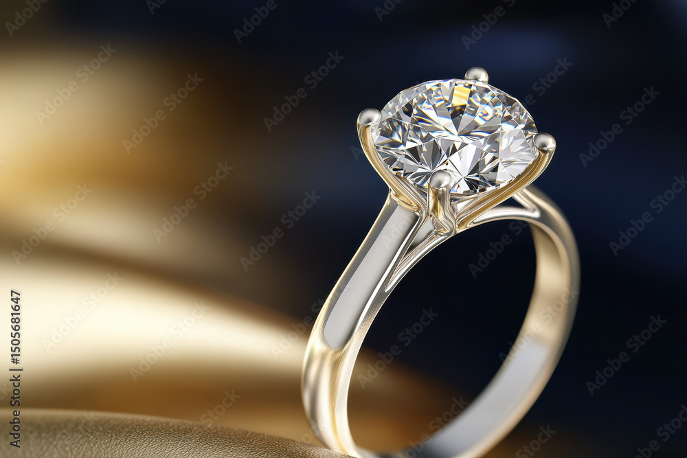 An exquisite solitaire engagement ring with a radiant round diamond on polished white gold band. It beautifully contrasts against a navy blue and champagne-toned background, exuding elegance. An exquisite solitaire engagement ring with a radiant round diamond on polished white gold band. It beautifully contrasts against a navy blue and champagne-toned background, exuding elegance.