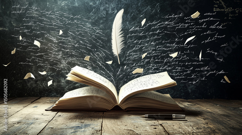 Open book bursting with flying pages in dramatic lighting, ideal for literature campaigns, educational storytelling visuals or imaginative writing themes