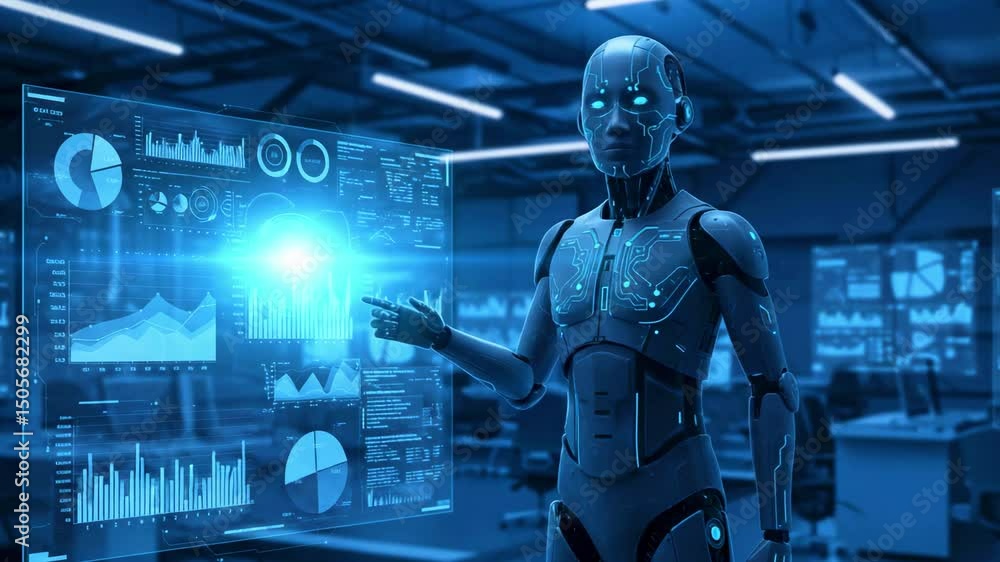 Futuristic robot interacting with holographic data displays in a high-tech laboratory setting Futuristic robot interacting with holographic data displays in a high-tech laboratory setting