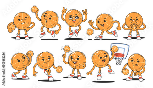 Basketball groovy characters retro comic set with different actions, emotions and facial expressions