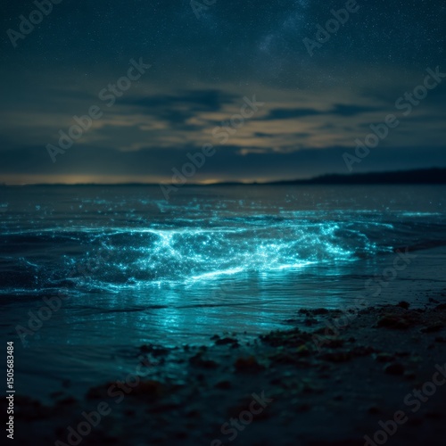 Bioluminescent waves at night