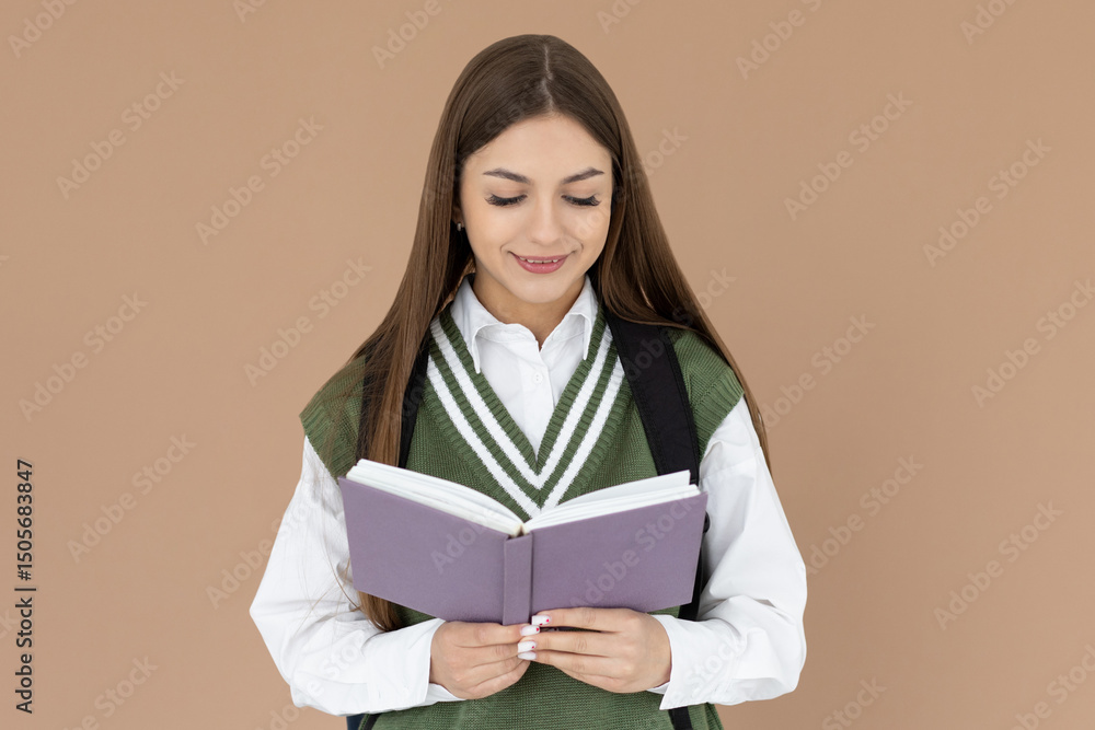 Fototapeta premium Photo of optimistic cute long hairdo lady reading book wear school uniform isolated on brown color background