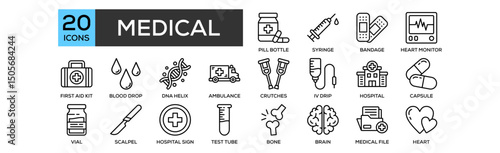Medical icon set. Containing design Pill Bottle, Syringe, Bandage, Heart Monitor, First Aid Kit.