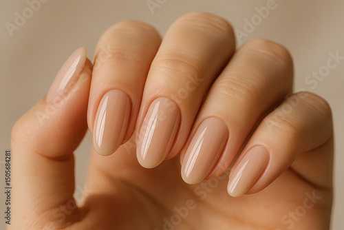 Close-up of manicured hand with nude nail polish in natural light  