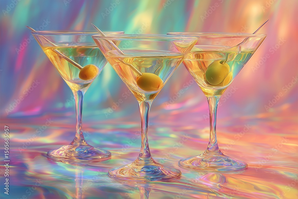 Vibrant Twist – Colorful Martini Glasses with Olives Vibrant Twist – Colorful Martini Glasses with Olives