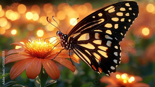 Golden-hour butterfly delicately feeding on an orange flower amidst a bokeh background