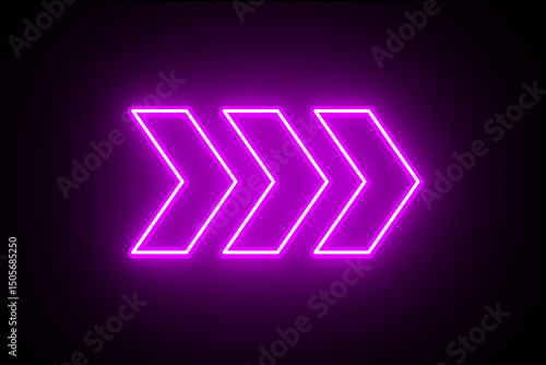 Neon arrow icon. Right Arrow sign. Indicator symbol. Purple Color arrow icon on black background. Road sign. Stairs symbol.	