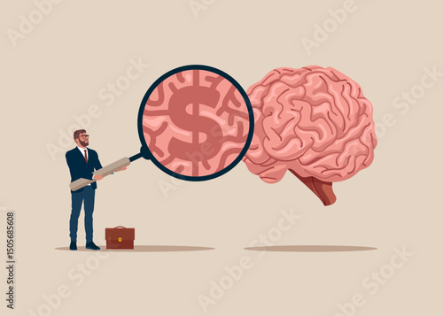 Businessman holds magnifying glass and looking at the sign dollar on cerebrum. Check out the smartest. Flat vector illustration