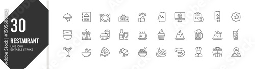 30 restaurant line icons in modern outline style, editable stroke, for menu, delivery, rating app UI/UX, icon set