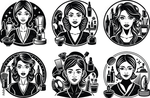 Spa Salon Beauty Icons Set - Black and White Illustrations. Diverse Beauty