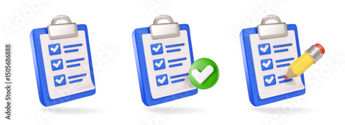 Checklist icons 3d set. Clipboard checklist or document collection. Checkmark, pencil, task management todo checklist. education or medical assignment exam Vector illustration