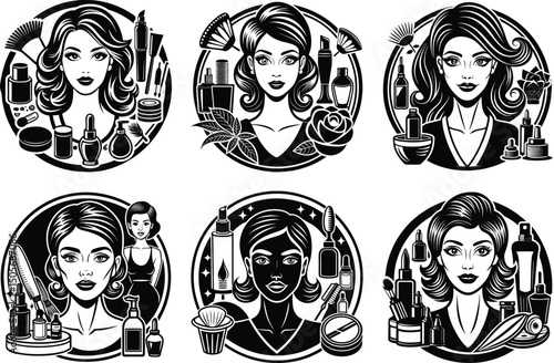 Elegant Vintage Beauty Icons Six Retro-Style Illustrations of Women with Cosmetics. Diverse Beauty
