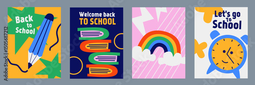 Set of Back to school cards. Simple flat style education icons, symbols, doodles on colorful background. Art collage, papers, hand drawn fun design elements. Bright colorful school subjects concept.