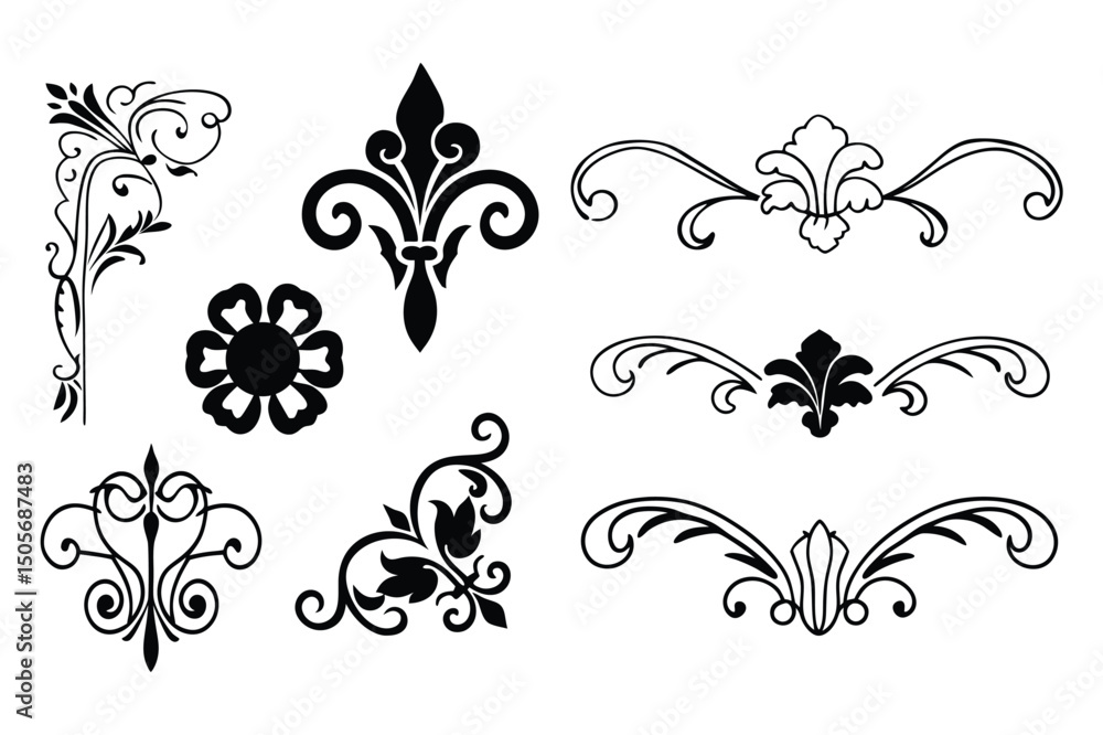 Baroque Calligraphy Ornament Vector Set – Elegant White Background Design.
Baroque Calligraphy Ornament Vector Set – Elegant White Background Design.