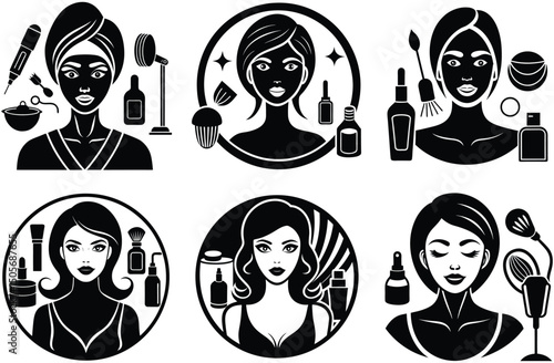 Skincare Routine Icons Black and White Illustrations of Facial Treatments and Products. Diverse Beauty