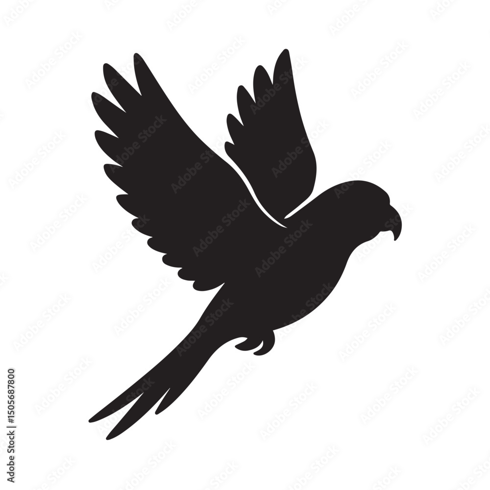 Fototapeta premium Flying Parrot Silhouette with Wings Up and Curved Beak – Minimalist Stylized Vector