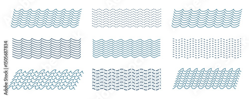 Wavy Horizontal Lines Ornament Pattern Set. Zig Zag Sea Wave Thin Lines. Vector Undulate Squiggly Sine Design Elements Collection. Curvy Wiggle Waveform Frame Corrugated Background Illustration