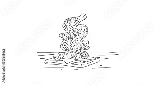 some crispy chicken arranged on a plate in hand drawn illustration monoline art style