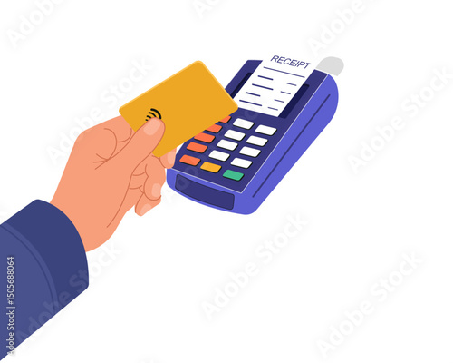 contactless payment using a credit card on a pos terminal while shopping vector illustration