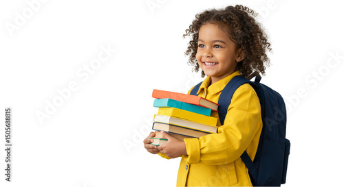 Isolated Portrait of Smiling Schoolgirl with Books on Transparent Background