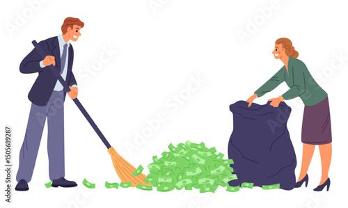 Two satisfied businessmen bagging pile of paper bills. Successful couple making profit. Man mopping dollar banknotes. Financial income. Woman collecting money into bag. Vector concept