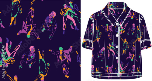 Vibrant Dancing Figures All Over Print on a Shirt