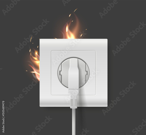 Short circuit in socket with flames and sparks due overloaded wiring. Accident with home power cable. Realistic wire plug. Electricity outlet in fire. Surge shock. Vector 3D object
