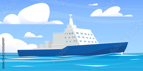 Sea liner. Large ship sailing on blue waves in ocean. Water transport. Summer vacation trip. Navy or passenger boat. Cruise yacht. Marine journey. Adventure travel. Vector nautical vessel