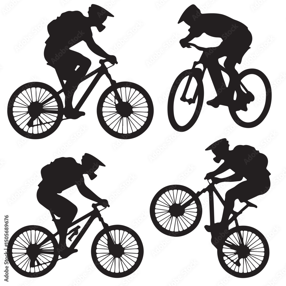 Obraz premium Mountain Bike Riders Silhouettes on Mountain Trails, Silhouette of Cyclists in Various Riding Positions, Silhouette Cyclist Collection Various Riding Positions