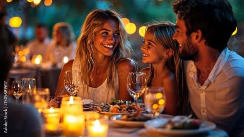 Happy family enjoys a romantic candlelit dinner outdoors