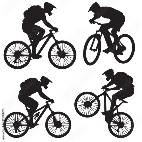 Mountain Bike Riders Silhouettes on Mountain Trails, Silhouette of Cyclists in Various Riding Positions, Silhouette Cyclist Collection Various Riding Positions