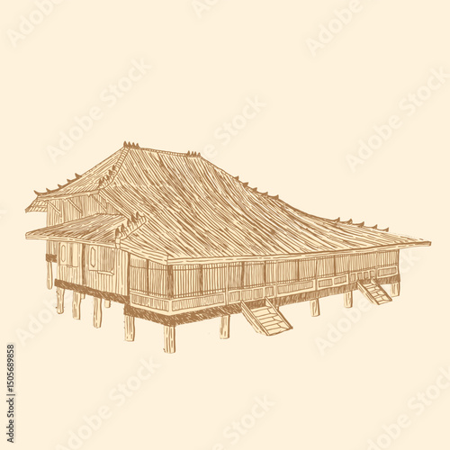 indonesian palembang house traditional line art illustration