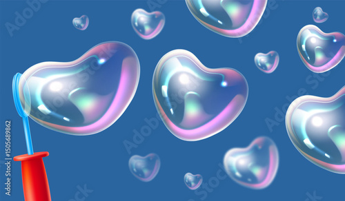 Realistic blown air soap bubbles in shape of heart. Symbol love. Shampoo or gel suds balls blowing. Soapy iridescent 3D spheres. Detergent froth. Blower stick. Vector romantic background