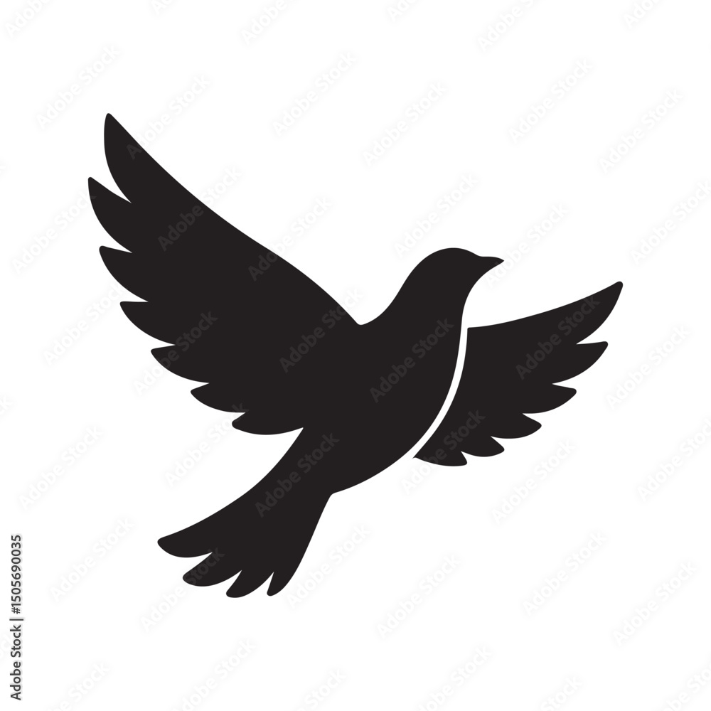Fototapeta premium Clean Black Bird Silhouette with Outstretched Wings Soaring Upward on Plain Background
