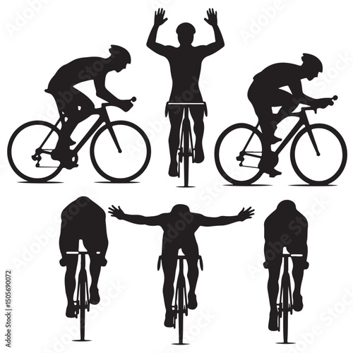 Mountain Bike Riders Silhouettes on Mountain Trails, Silhouette of Cyclists in Various Riding Positions, Silhouette Cyclist Collection Various Riding Positions