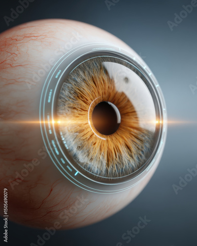 Close up of detailed human eye with digital retina scanner interface emitting light, showing high tech biometric identification
