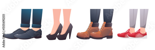 Mens and womens feet in boots, elegant shoes and sneakers. Casual clothing. Leather footgear. Fashionable slippers. Stylish outfit wear. Female or male legs. Vector trendy footwear set