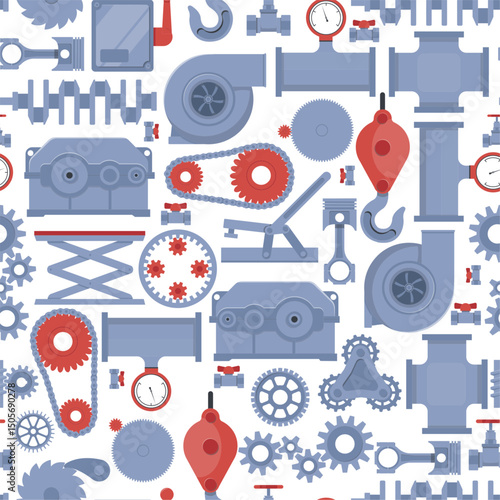 Mechanical mechanisms seamless pattern. Engineering equipment. Engine chains and gears. Industrial fans. Crane hooks. Repeated print. Steel pipes with pump and valves. Vector background