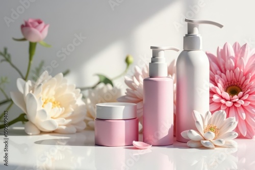 Elegant cosmetic display on pristine white surface , product, studio